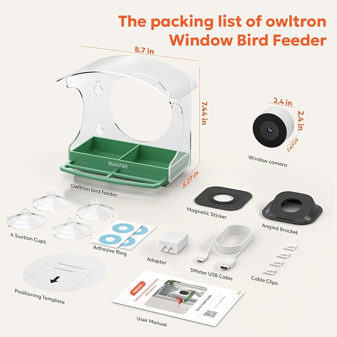 owltron Smart Window Bird Feeder with Camera, 2K 3MP HD, AI Identifies 10,000+ Species, 2.4/5GHz WiFi, 24/7 Live View, 147° Wide Angle, Suction Cup Mount – Gift for Bird Lovers, Elderly, Kids