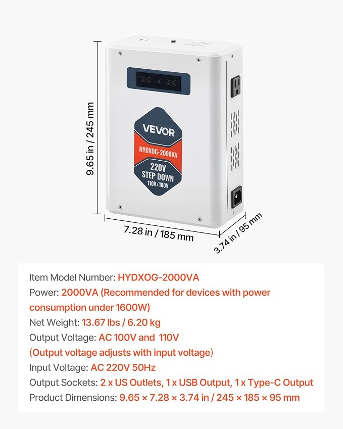 VEVOR Step Down Voltage Converter, 2000VA, Heavy Duty Voltage Power Converter, 220V to 110V Power Transformer, with 2 US Outlets, USB Output, LCD Display, Temperature Protection, for 110V Appliances