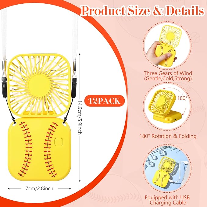 Retisee 12 Pcs Baseball Mini Portable Handheld Fans 3 Speed USB Rechargeable Necklace Fans Bulk 180° Foldable Electric Personal for Sport Party Favors Team Game Gift(Yellow,Softball)