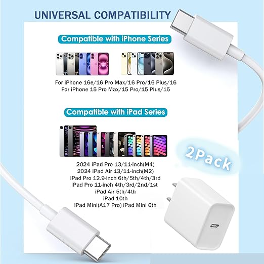 Fast Charger for iPhone 17/16 Charger,2 Pack USB C Wall Charging Block with 3FT USB-C to C Fast Charging Cable Cord PD Type-C Apple Adapter for iPhone 17/17 Pro/16/16e/16 Pro Max/15/iPad Pro/Air/Mini