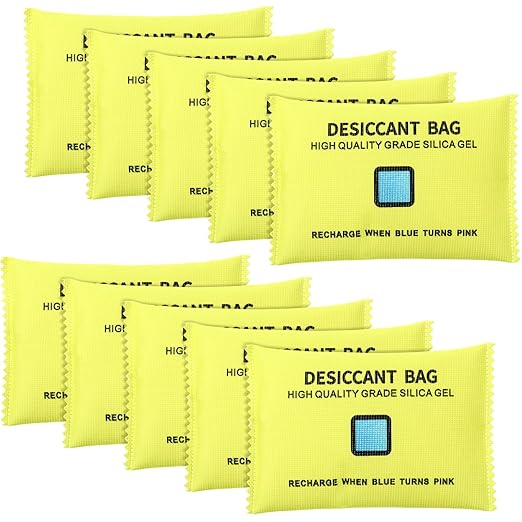 Threlaco 10 Packs 100g Rechargeable Silica Gel Desiccant Moisture Absorbing Bag for Storage Bin Indicating Silica Gel Desiccant Packet Reusable Dehumidifier Bag for Home Closet Car (5 x 3.5 Inches)