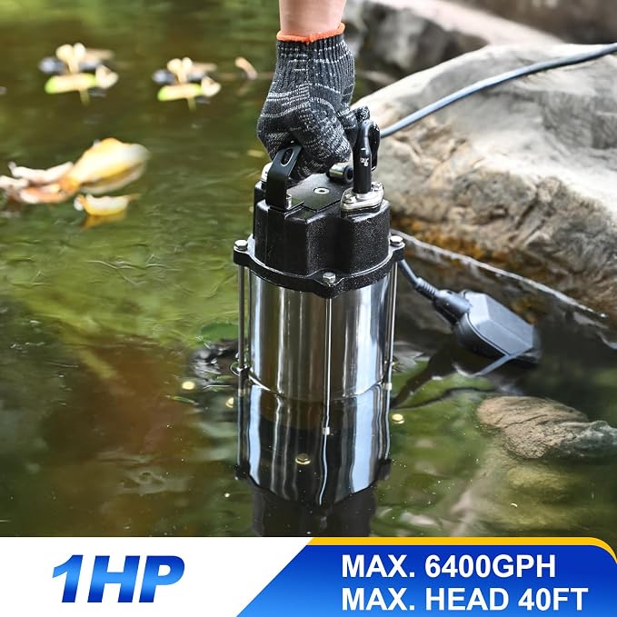 1 HP Sewage Grinder Pump, 115V Grinder sump pump, Stainless Steel, Automatic Float Switch, Cast Iron Impeller, 2'' Npt Discharge, Sewage Pumps for Basement, Sump Basin, Sewage Well