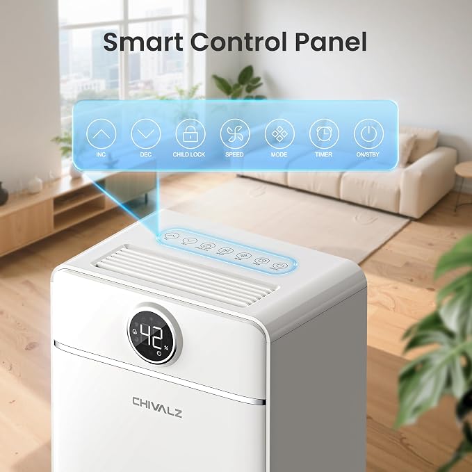 CHIVALZ 1500 Sq.ft Dehumidifier for Basement with Drain Hose, 25 Pints Dehumidifiers for Home, Bedroom, Bathroom, RV, 40dB, Intelligent Humidity Control, 3 Modes, 24H Timer, White 1Pack