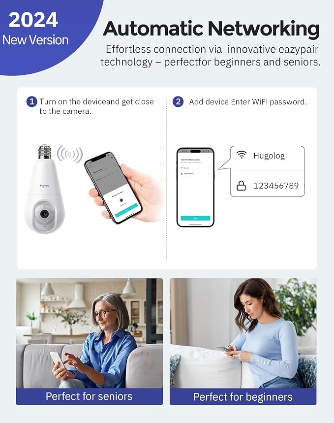 Hugolog 2K 3MP Light Bulb Security Camera 5G& 2.4GHz WiFi, 360° Wireless Outdoor Indoor Camera for Home, Motion Detection, Two-Way Talk, Color Night Vision, Siren Alarm, Compatible with Alexa