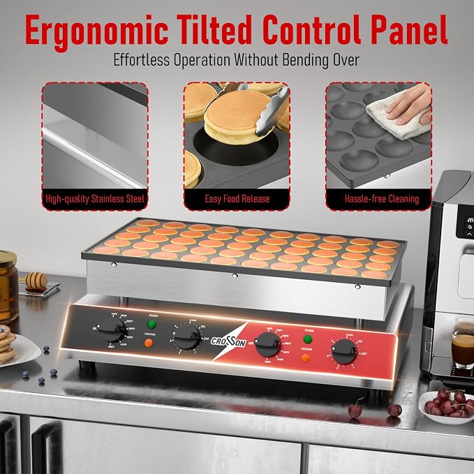 CROSSON Mini Pancake Maker, 50PCS 43mm Diameter Dutch Muffin Waffle Baker, Non-stick Stainless Steel Poffertjes Grill, Commercial Electric Dorayaki Machine W/Temp & Time Control 120V/1750W