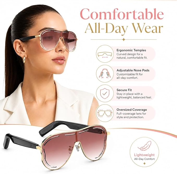 Smart Glasses for Women Men, Open Ear Audio, 7H Playtime, Mic & Speakers | Bluetooth Sunglasses, Touch Control for Sports Driving, Bilateral Power-On, Large Frame, Eye Care for Outdoor