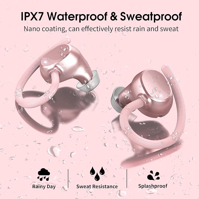 Wireless Earbuds for Small Ear, HiFi Stereo Sport Bluetooth 5.3 Headphones with Earhooks, 48H Deep Bass Running Ear Buds with LED Display, Noise Cancelling, IP7 Waterproof Built-in Mic for iOS Android