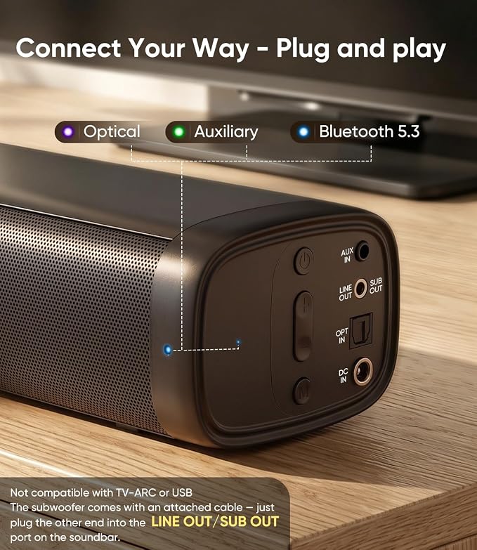 Saiyin 11.7" Sound Bar with Subwoofer, Deep Bass, Bluetooth/AUX/Optical | 2.1CH Surround Sound for TV, 40W Subwoofer, 88W Peak Power, Perfect for Small TVs/PC Monitors/Rooms/Home Offices/Kitchens/RVs