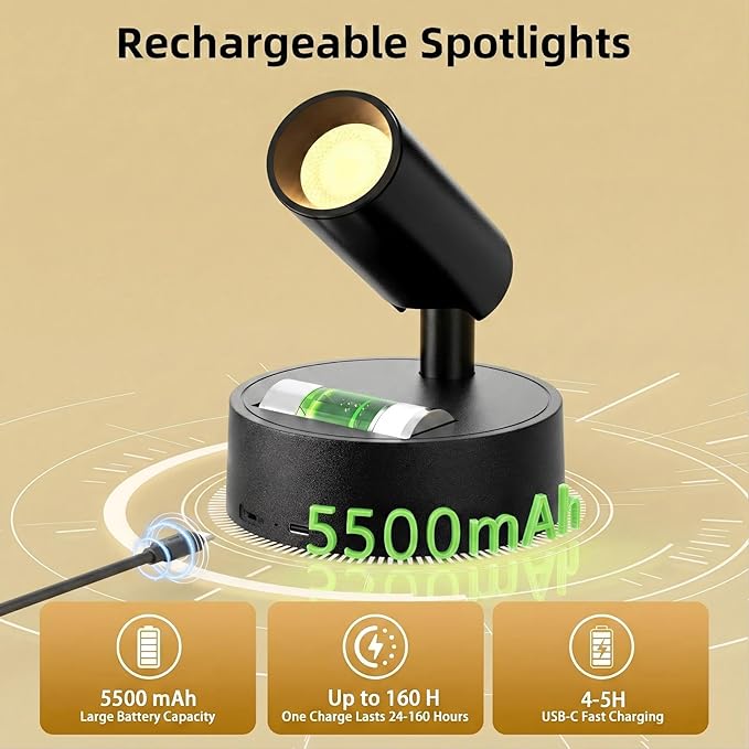 Spotlights Indoor with Remote & Touch, 5500mAh Rechargeable Battery Picture Lights with Timer, 10 Levels Brightness Dimmable Uplights Indoor for Tree Painting Cabinet Wall Gallery (4 Pack)