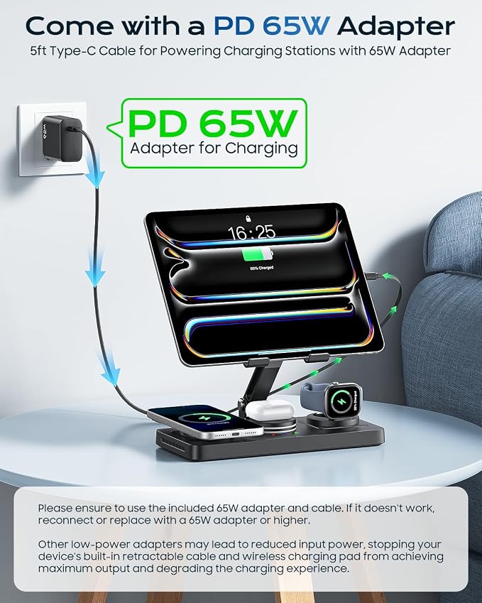 5 in 1 Charging Station for Apple Multiple Devices &65W Adapter, 30W Max Bulit-in Retractable Cable Fast Wired Charging Stand for iPad/Tab, Foldable Magnetic Wireless Charger for iPhone 17/iWatch/Buds