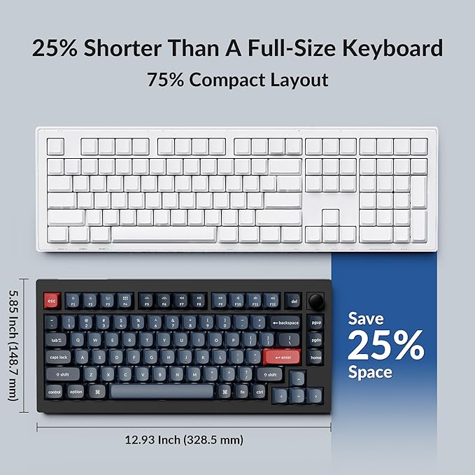 Keychron V1 Max 75% RGB Custom Mechanical Keyboard, 2.4Ghz/Bluetooth 5.1/Wired QMK/VIA Programmable Macro, Hot-Swappable Gateron Jupiter Brown Switch Gasket Mount for Mac Windows Linux