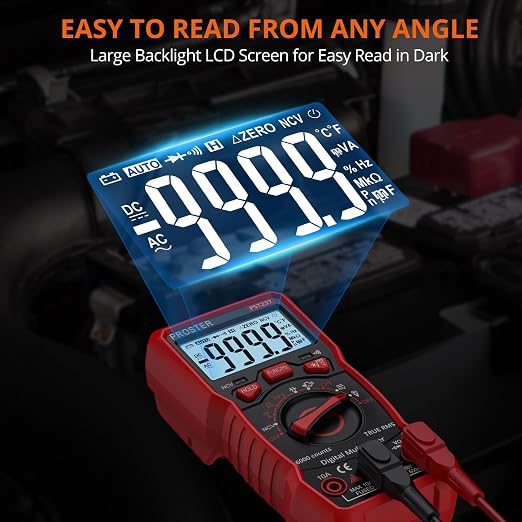 Proster Digital Multimeter 6000 Counts- TRMS Auto Range Multi Testers, NCV Detector DC AC Voltage Current Meter Voltmeters Temperature Capacitance Resistance Diode Continuity Tester