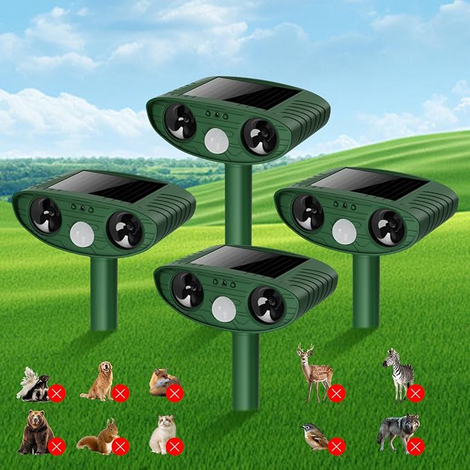 2026 Upgraded Ultrasonic Solar Animal Repellent Outdoor, Deer Repellent Devices Squirrel Cat Raccoon Rabbit Dog Deterrent with Motion Sensor for Yard Garden Lawn-4 Pack