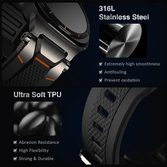 ULTIMAL Watch Band for Samsung Galaxy Watch Ultra 47mm (2025/2024) Compatible with Samsung Watch Strap Bands for Men Sport Bands for Watch Rugged Premium TPU & Metal (Black+Grey)