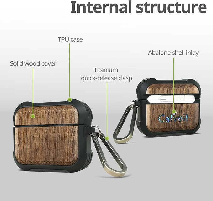 Carveit Wooden Case for AirPods 4 Case (2024) (USB-C) 4th Generation, Wood Artisan Engraved & TPU Shockproof Cover, Titanium Quick Released Clasp (Natural Grain) Walnut