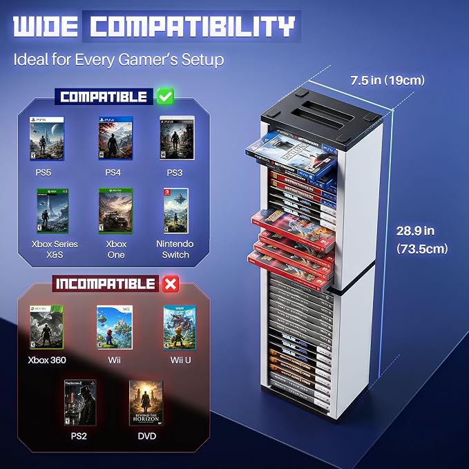 TNP Universal Video Game Storage Tower for PS5, PS4, PS3, Nintendo Switch, Xbox One, Xbox Series S/X - White Video Game Holder Organizer Stand with 36 CD Case Storage for Organizing & Displaying
