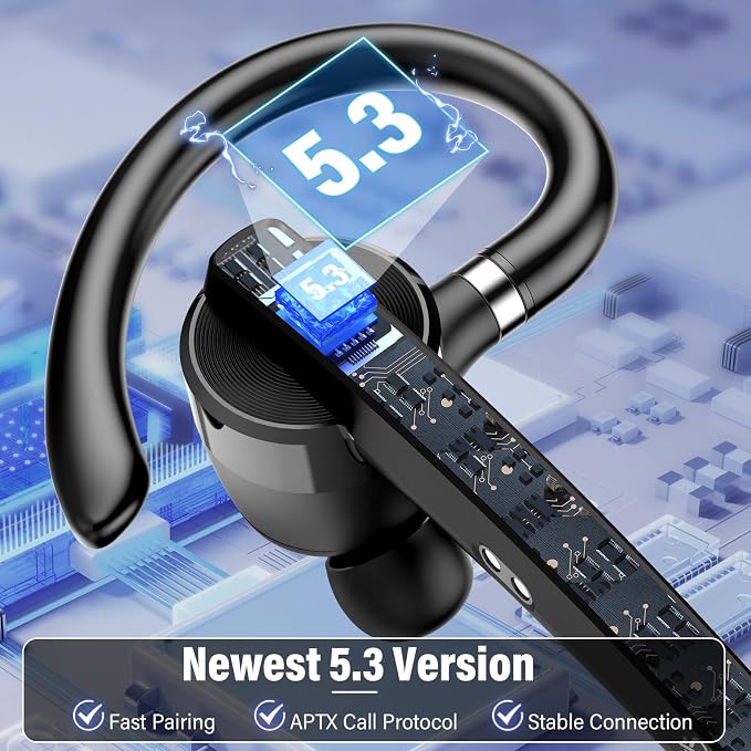 2026 Bluetooth Headset, Wireless Bluetooth 5.3 Earpiece, 90Hrs Single-Ear Headset with APTX HD Audio & Mute Button, Dual Noise Cancelling Mics, Hands Free Headphone for Trucker, Business, Gym, Grey