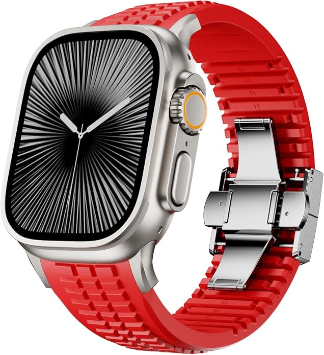 Silicone Watch Band Compatible with iWatch Ultra 2 / Ultra/Series 10 9 8 7 (44mm 45mm 46mm 49mm), Sport bands with Folding buckle, Rugged Heavy Duty Modern Design for Men