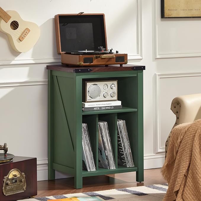 Joaxswe Record Player Stand with Vinyl Record Storage,Green Record Player Table Holds up to 160 Albums,Large Wood Turntable Stand Cabinet Dispaly Shelf for Living Room,Bedroom,Office