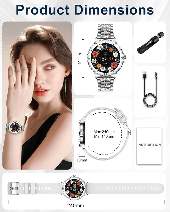Smart Watches for Women, 1.27" HD Smartwatch with Diamond Strap Compatible Android/iOS, Answer/Make Call, IP68 Waterproof Fitness Tracker with Heart Rate, Sleep Monitor, 120+ Sports, Silver