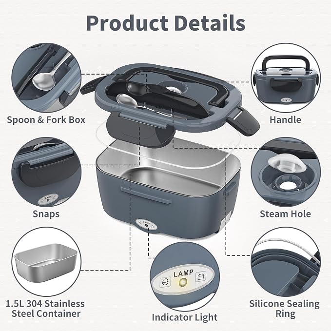 Vingud Electric Lunch Box for Adults, Heated Lunch Box Food Warmer, 80W 1.5L Portable Heating Lunchbox for Men/Work/Car/Truck, 12V 24V 110V Lonchera Eléctrica Portátil Christmas White Elephant Gifts