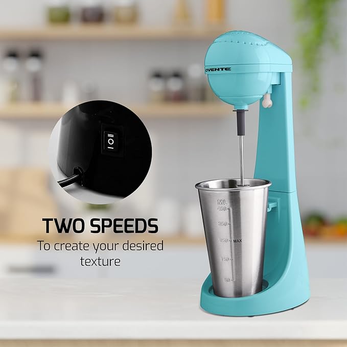 OVENTE Classic Milkshake Maker Machine with 2 Speed Setting, Safety Lock & 15.2 Ounce Stainless Steel Mixing Cup & Rod, Electric Drink Mixer Ideal for Malted Milk, Protein Shakes & More, Blue MS2070BL