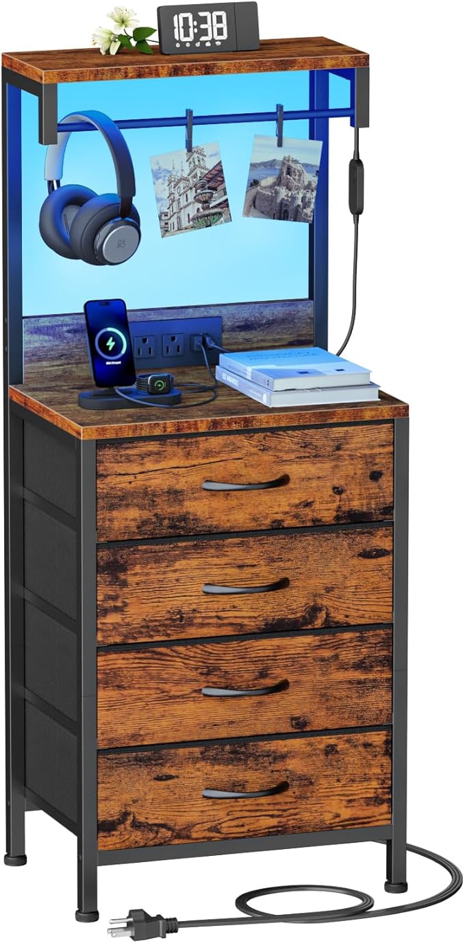 Furnulem Night Stand with Charger Station, 38'' Tall Nightstand with 4 Fabric Drawers and LED Lights, Bedside Table with Storage Shelf for Bedroom, Office, Metal Frame, Wood Shelves, Rustic Brown | with Charging Station