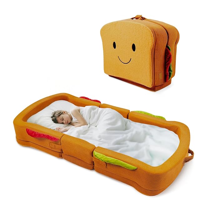 Toddler Travel Bed Sandwich Style - Portable Toddlers Floor Beds, Foldable Soft Foam Travel Crib for Baby and Kid, Washable Cover Toddler Cot with Safety Rail for Travel, Home/Travel Sleep