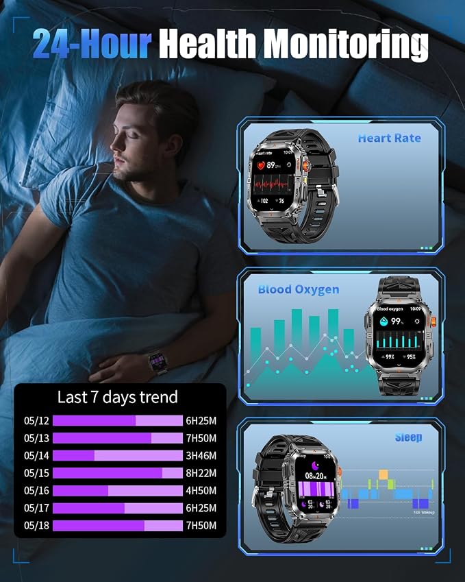 Military Smart Watch for Men, 2.01" Smartwatch with 1200mAh Battery, Flashlight, Answer/Make Calls, Heart Rate/Sleep Monitor 100+ Sport Modes Fitness Tracker for Android/iPhone (Black 03)