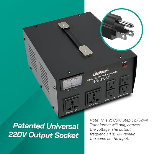 LiteFuze 2000 Watt Voltage Regulator with Transformer Step Up/Down 110V/220V - IEC Detachable Cord - Circuit Breaker (LR-2000)