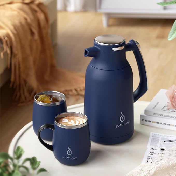 IDEUS Thermal Coffee Carafe, Stainless Steel Double Wall Insulated Vacuum Flask, Water Jug Coffee Server and Beverage Dispenser, Heat and Cold Retention (Navy Blue, 68, Fluid Ounces)