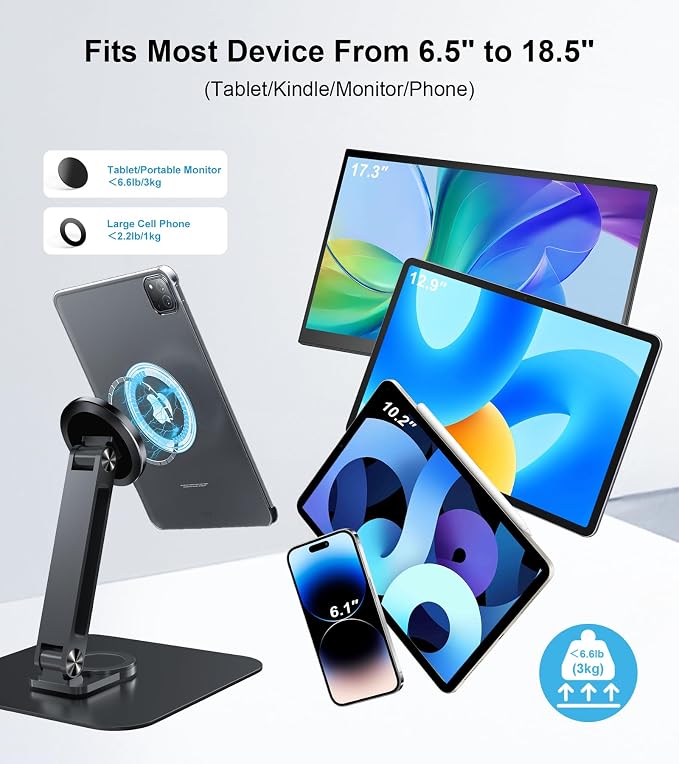 Adjustable Magnetic Stand Holder for 10-18.5 Inch Small Portable Monitor Tablet, Aluminum Alloy Foldable Arm Swivel Desk POS Stand Mount for iPad Air Mini Pro 12.9 13, Samsung Galaxy Tabs