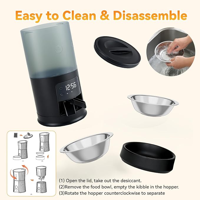 NEWBULIG Automatic Cat Feeder for 2 Cats, 6L/25.3 Cups Timed Pet Feeders with Dual Bowls, 10s Voice Recorder, Dog Food Dispenser for Dry Food, 6 Meals/Day, 50 Portions/Meal, Dual Power Supply, Black