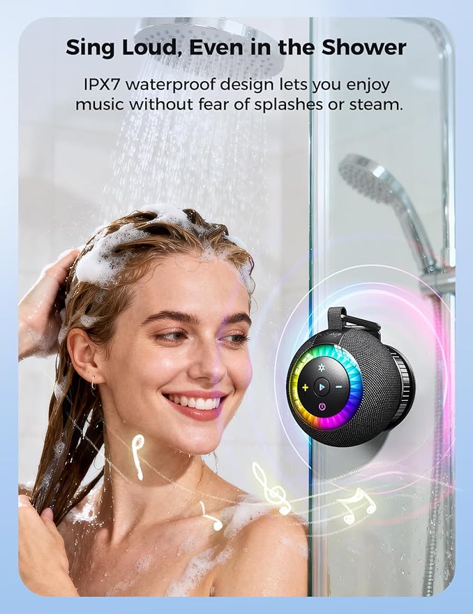 Bluetooth Shower Speaker Waterproof IPX7: Removable Vacuum-Lock Suction Cup, 360° Surround Sound, RGB Light, Portable Wireless Speaker for Beach, Pool, Kayak, Back to School Gifts for Adult Teen-Black