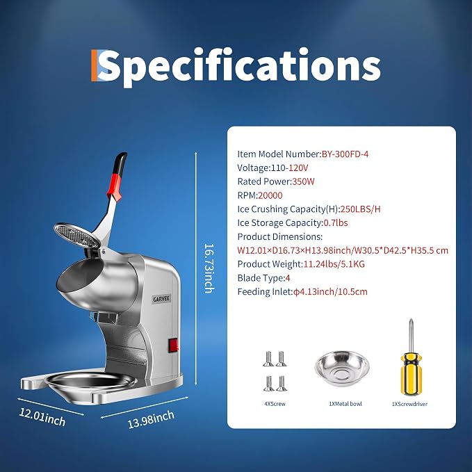 Garvee Commercial Ice Crusher 250LBS/H, 350W Electric Snow Cone Machine with 4 Stainless Steel Blades, 2000RPM, 1.98LBS Hopper Shaved Ice Maker with Bowl & Cover for Home and Commercial Use, Silver