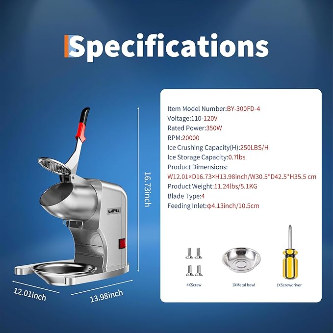 Commercial Ice Crusher, 2000RPM 250LBS/H Shaved Ice Machine with Stainless Steel Bowl, 350W Electric 4 Blades Snow Cone Machine for Home Use, Bars, Cafes, Parties, Silver