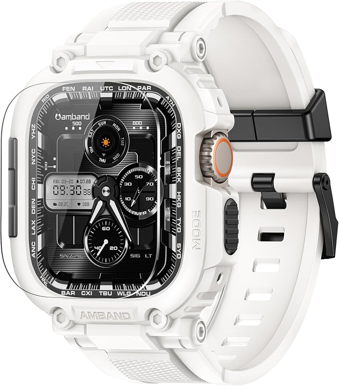 amBand Bands Case Screen Protector Compatible with Apple Watch Ultra 3/2/1 49mm, M1 Sport Series Rugged Cover Strap and 9H Tempered Glass Film, Protective Bumper for iWatch 49 mm Men White