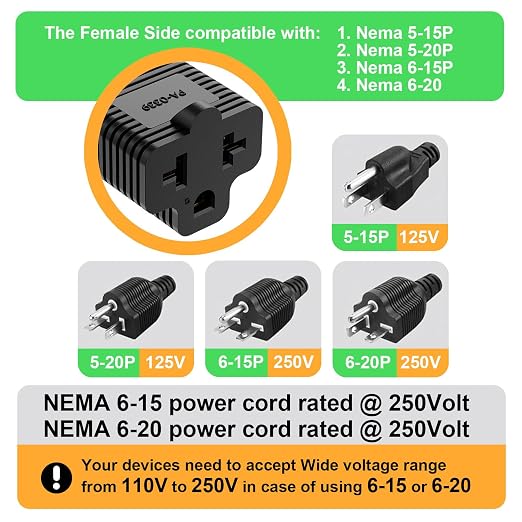 [10Pack] 4-in-1 15 Amp Household AC Plug to 20 Amp T-Blade Adapter,5-15P to 5-20R,5-15P to 6-15R,5-15P to 6-20R, 4 in 1 AC Power Adapter,15A 125V to 20A 250V Adapter,15A to Double T-Blade Adapter.