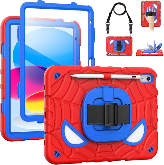Grifobes Case for iPad A16 11th/10th Generation 2025/2022 11/10.9 inch, Full Body Protection with Screen Protector/Pencil Holder/Stand,Hand/Shoulder Strap for i Pad 11/10.9 Cover Red+Blue