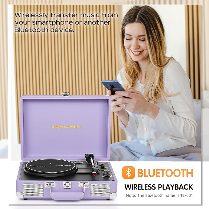 Vinyl Record Player with Built-in Speakers Vintage 3-Speed Portable Suitcase Bluetooth Turntables with USB Recording Belt-Driven LP Player Support AUX/RCA/Headphone Jack, Purple Leather