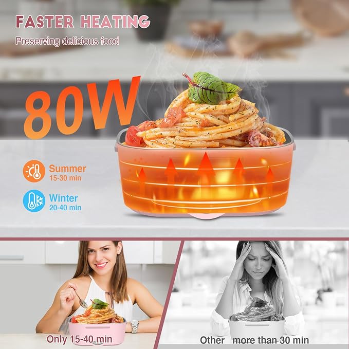 LAVAED Electric Heated Lunch Box - 80W Fast Heating, Portable Warmer for Car/Truck/Office/Outdoor, BPA Free