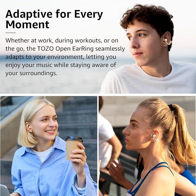 TOZO OpenEarRing True Open Ear Earbuds, Lightweight Comfort Open Ear Clip Wireless Earbuds, 40H Play Bluetooth 5.4 Headphones with Smart Digital Display Design Fit Sports Running, Workout Yellow
