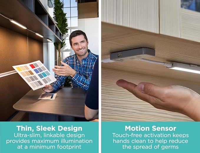 PureOptics LED Under Cabinet Light Kit, Motion Sensor, Dimmable, Linkable, 3 Color Settings, Tool-Free, for Kitchen, Cabinets and Closets, (4) 9" Bars