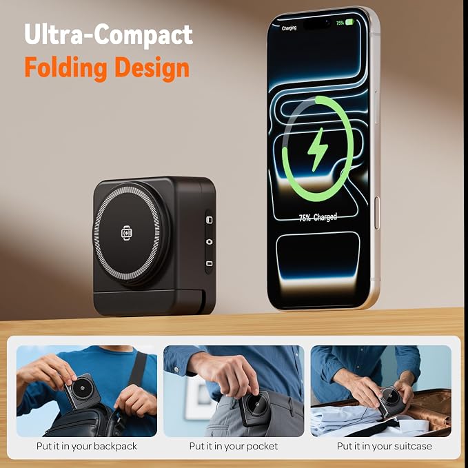 Wireless Charger 3 in 1, Foldable Charging Station for Apple Samsung Multi Devices Charging, Magnetic Charging Stand, Portable Travel Fast 15W Charger Station for iPhone, TWS, iWatch (Black)