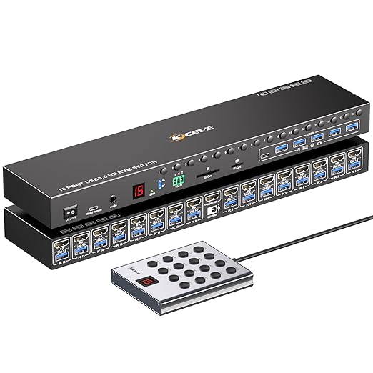 16 Port HDMI KVM Switch 4K@60Hz EDID Simulation,1U Rack Mount KVM Switch 16 Computers 1 Monitor, KVM Switches with 6 USB 3.0 Ports, TF/SD, Audio,RS232, Wired Remote & 12V Power+16 USB Cable Included