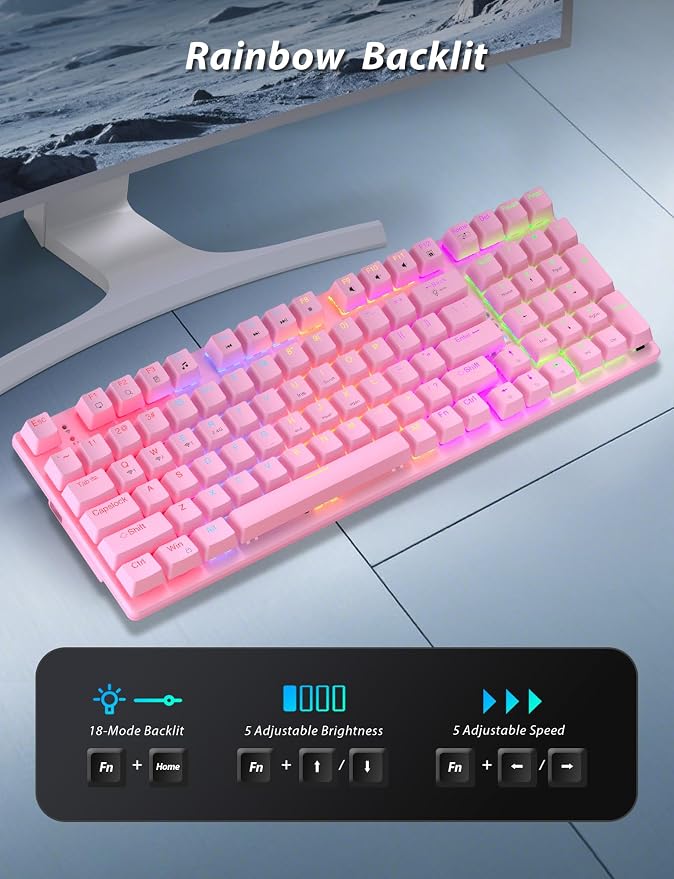 Wireless Mechanical Keyboard and Mouse Combo, 98-Key Gaming Keyboard with RGB Backlit, Tri-Mode BT5.0/2.4G/USB-C, 4000mAh Battery, 3200 DPI Gaming Mouse with Mouse Pad for PC, Laptop (Pink -Light)
