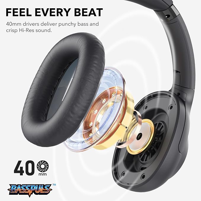 Bluetooth 6.0 Active Noise Cancelling Headphones for Airplane Travel, LDAC Hi-Res Audio, 90H Playtime Wired and Wireless ANC Headphones, Over Ear Headset for Home Office, Custom EQ via APP, Black