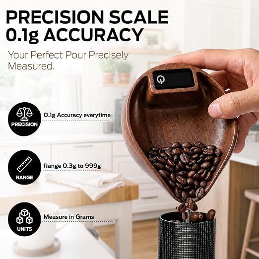 Luviora Walnut Wood Coffee Scale with Spoon, 0.1g Precision Digital | Wooden, Mini Coffee Scale, USB-C Rechargeable, Espresso & Pour-over, Coffee beans & Kitchen Use, Minimalist Design