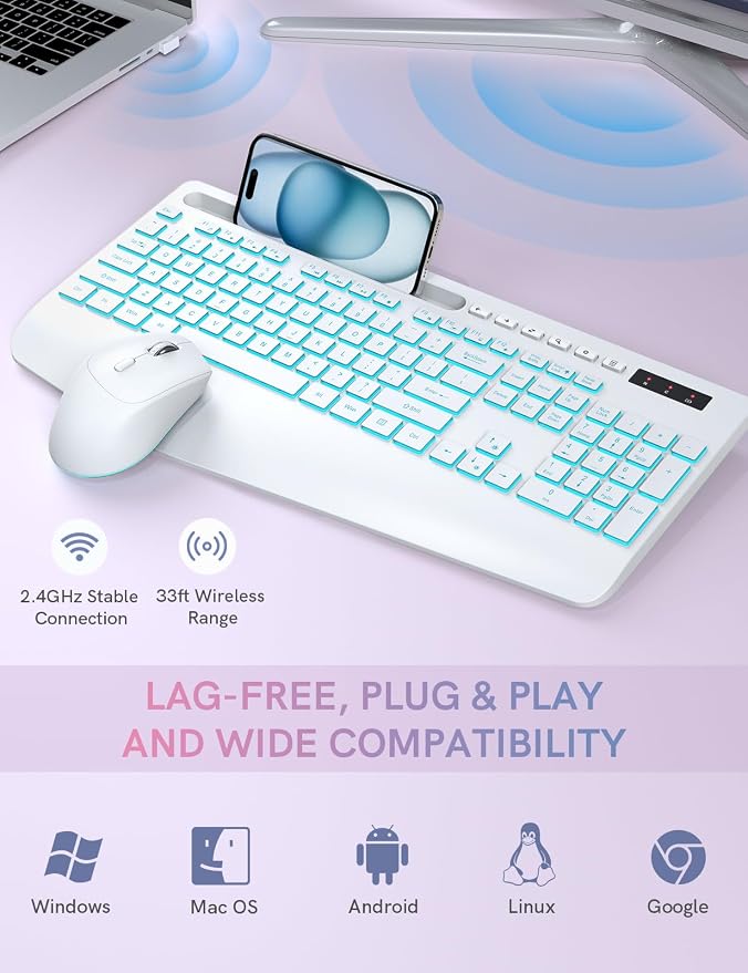 Trueque Wireless Keyboard and Mouse Combo, 4000mAh Rechargeable Backlit Keyboard with Wrist Rest & Phone Holder, Full Size Quiet Typing 2.4G USB-A/Type-C for PC Laptop Windows Mac (Cloud White)