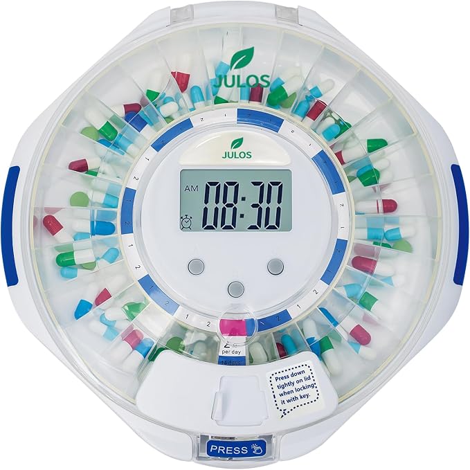 JULOS 28-Day Automatic Pill Dispenser with Alarm for Chronic & Alzheimer’s Care, Locked Medication Organizer w/Easy-Read LCD Display, Sound & Light & Alerts for Medication, Vitamins & More, Clear Lid